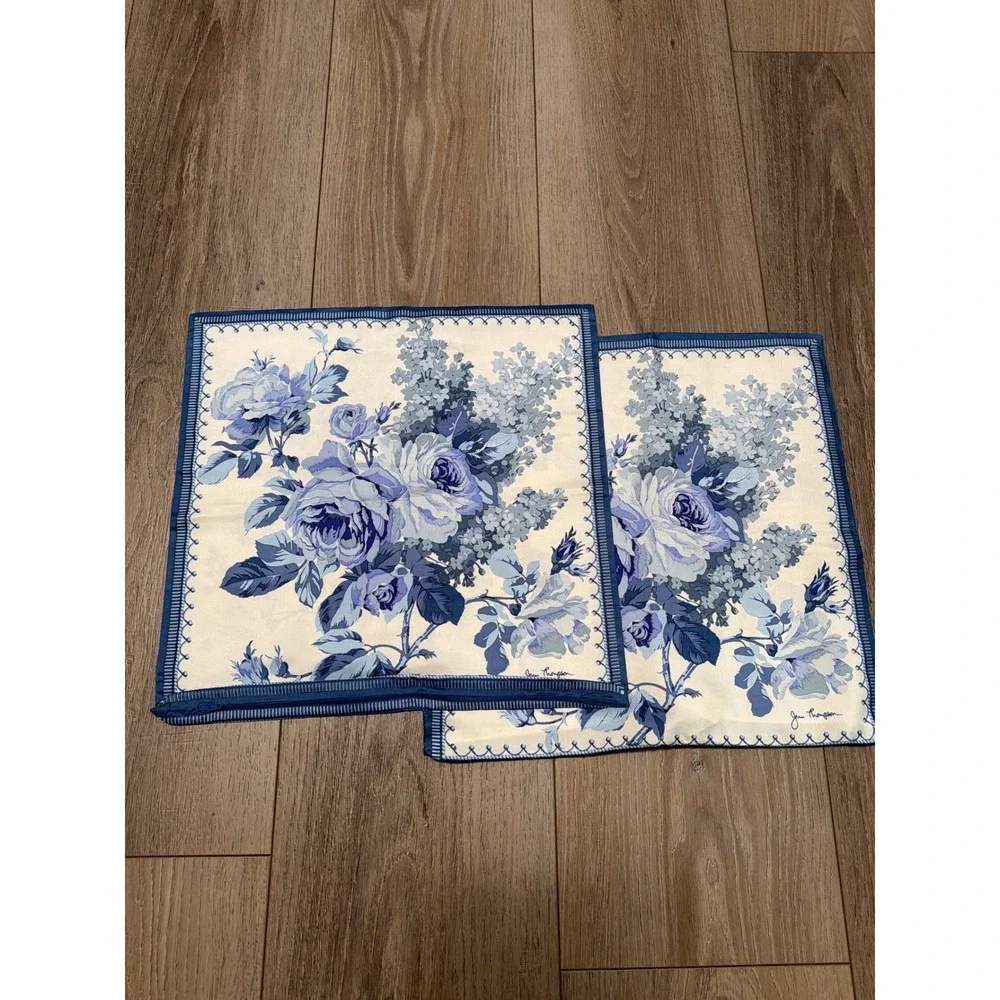Jim Thompson Thai Silk pillow covers  Set 2 Blue White Floral Rose Square 15